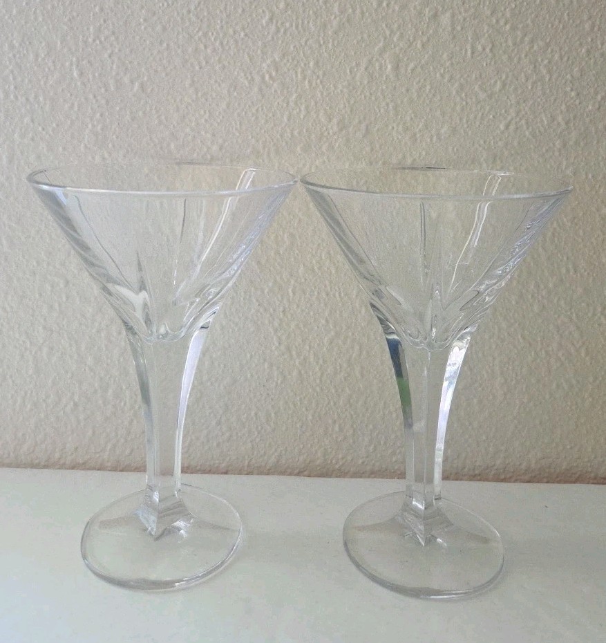 Vtg Heavy Lead Crystal Martini Glasses - Deep Panel Cut V-Bowl MCM Bar - Set 2