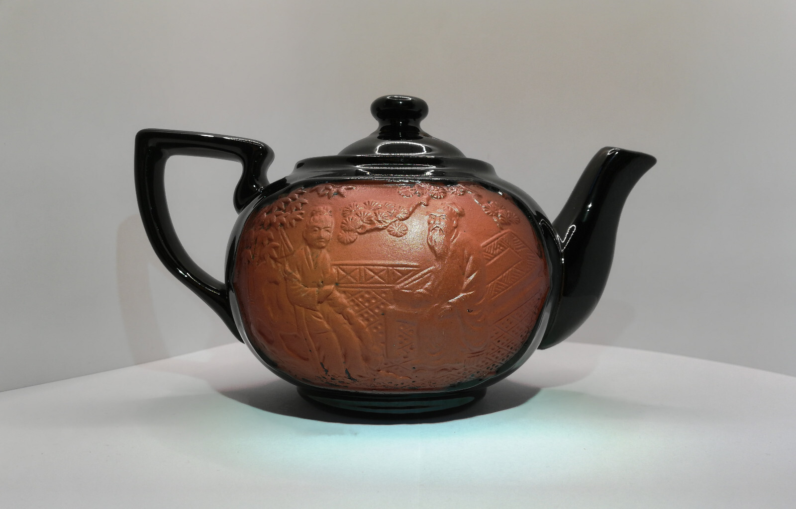 Vintage Japanese Black Teapot High Relief Terra Cotta Scene