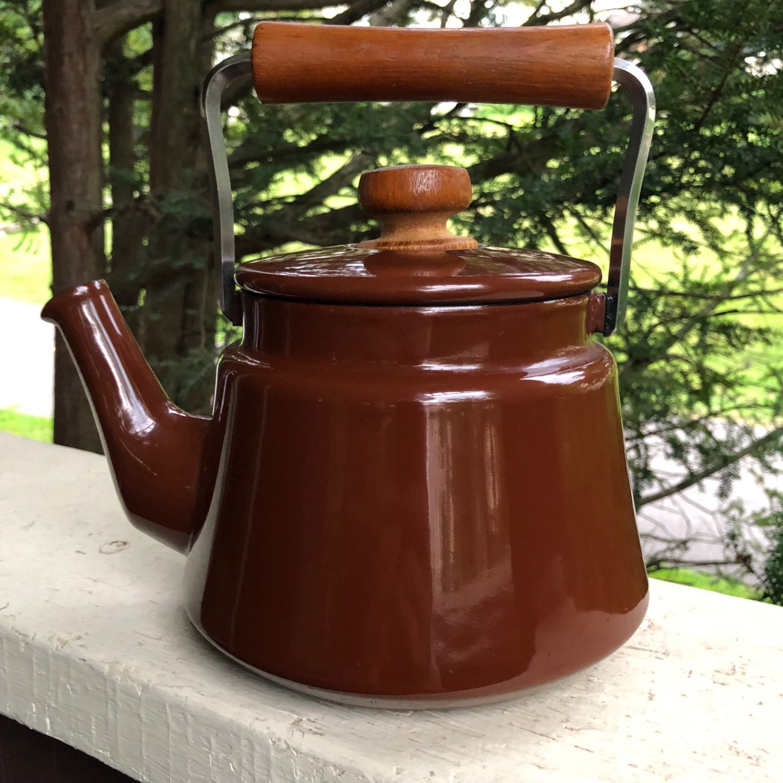 Vintage Dansk Kobenstyle Teapot Tea Kettle Brown Enamel Teak Wood Handle Japan