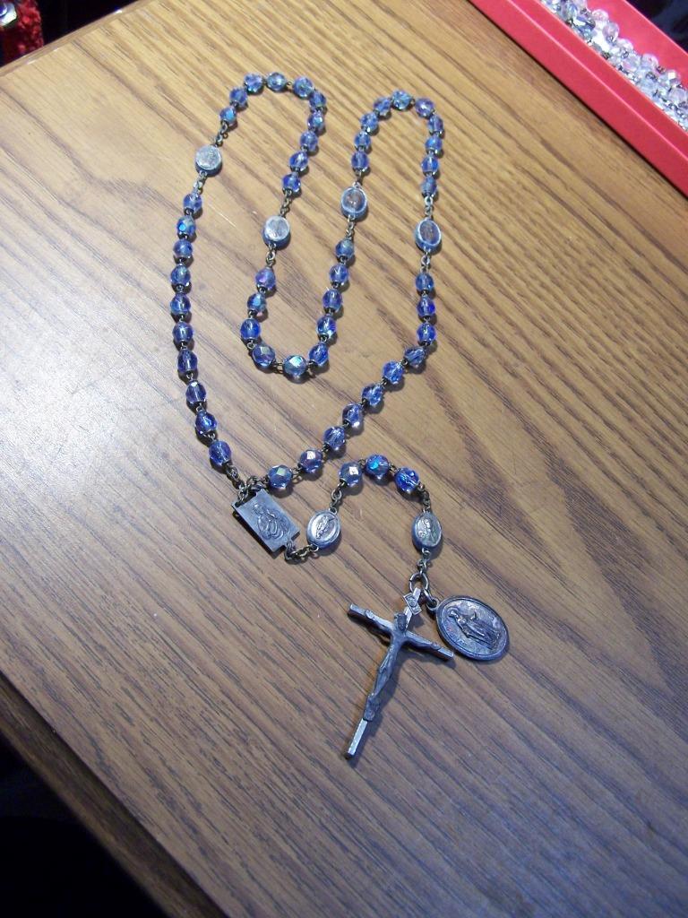 Vintage Antique St.Dymphna  Rosary Italy blue glass crystal