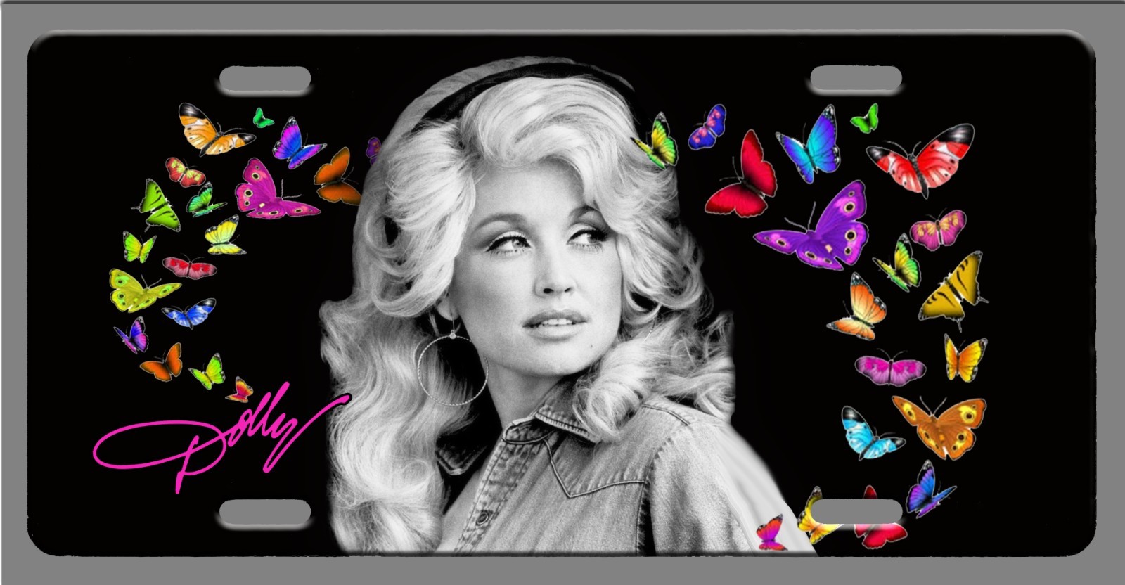 L@@K Classic Dolly Parton B&W Photo With Butterflies Black License Plate L@@K Classic Dolly Parton B&W Photo With Butterflies Black License Plate