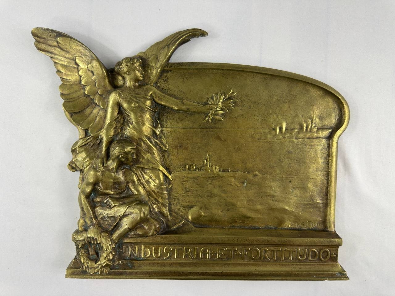 Antique Heinrich Kautsch Industria et Fortitudo Bronze Relief Plaque