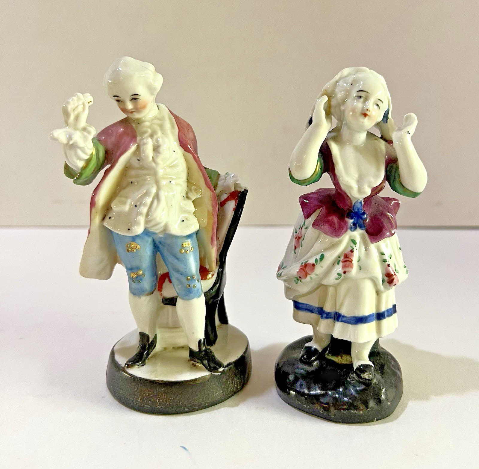 Antique German Porcelain Figural Quill Holders Pair Court Couple 1412 Desk Stand