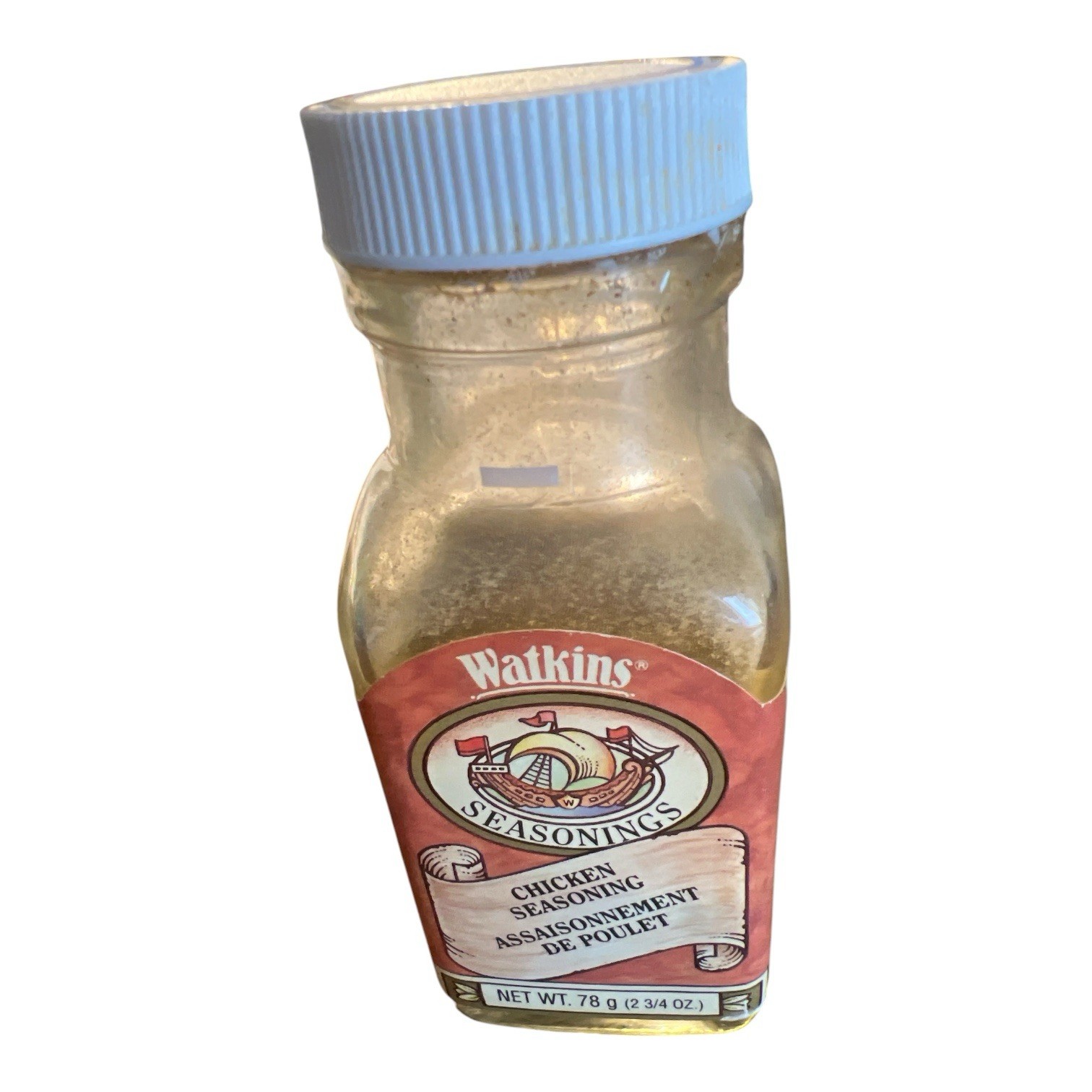 RARE VINTAGE WATKINS CHICKEN SEASONING 2 3/4 oz  SHIP GRAPHICS 1970-1990s glass