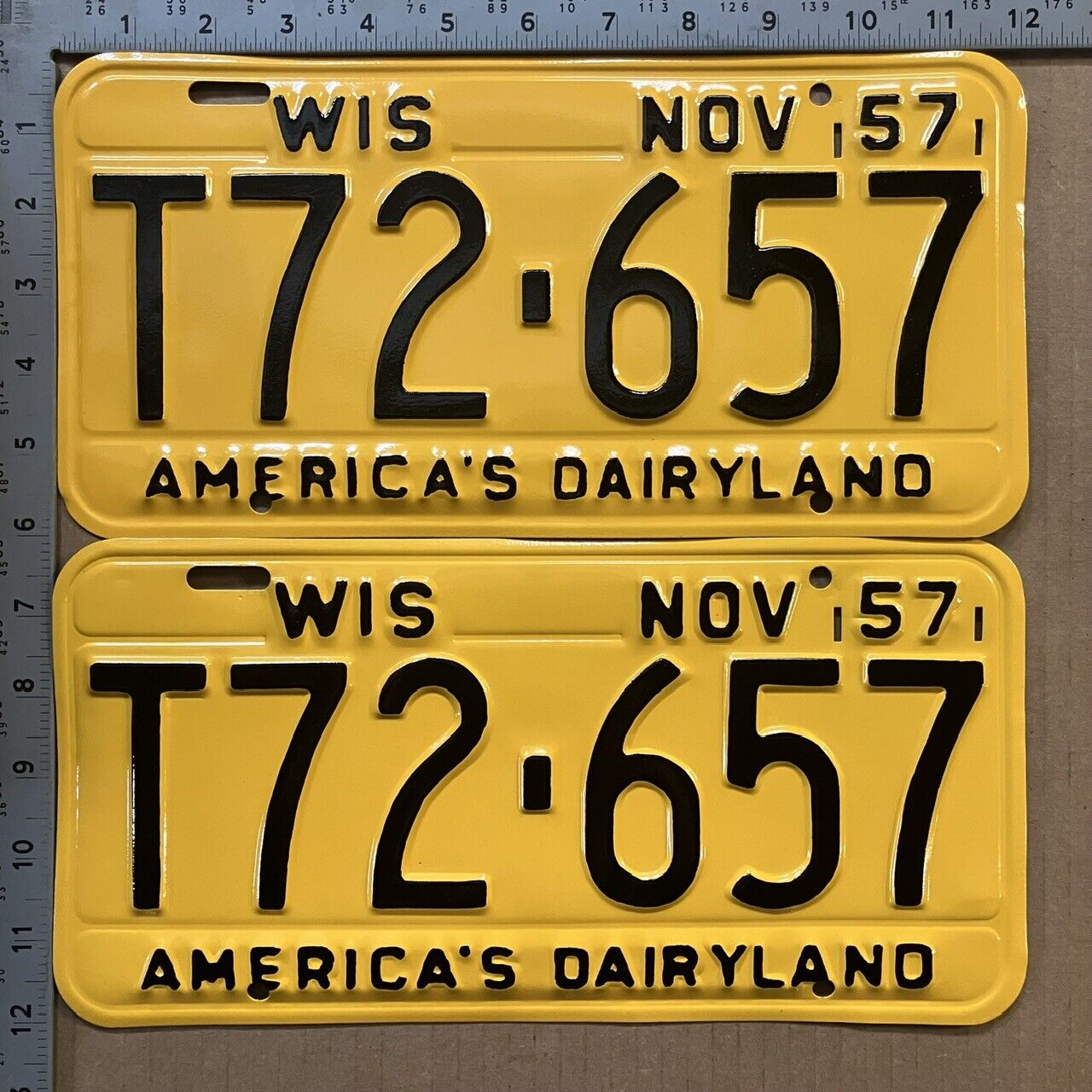 1957 Wisconsin license plate pair T 72 657 YOM DMV for your 57 CHEVY 12684