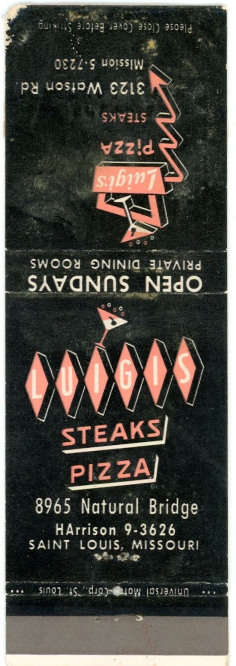 Luigi\'s Steaks Pizza Saint Louis MO Vintage Matchbook Cover 1950s
