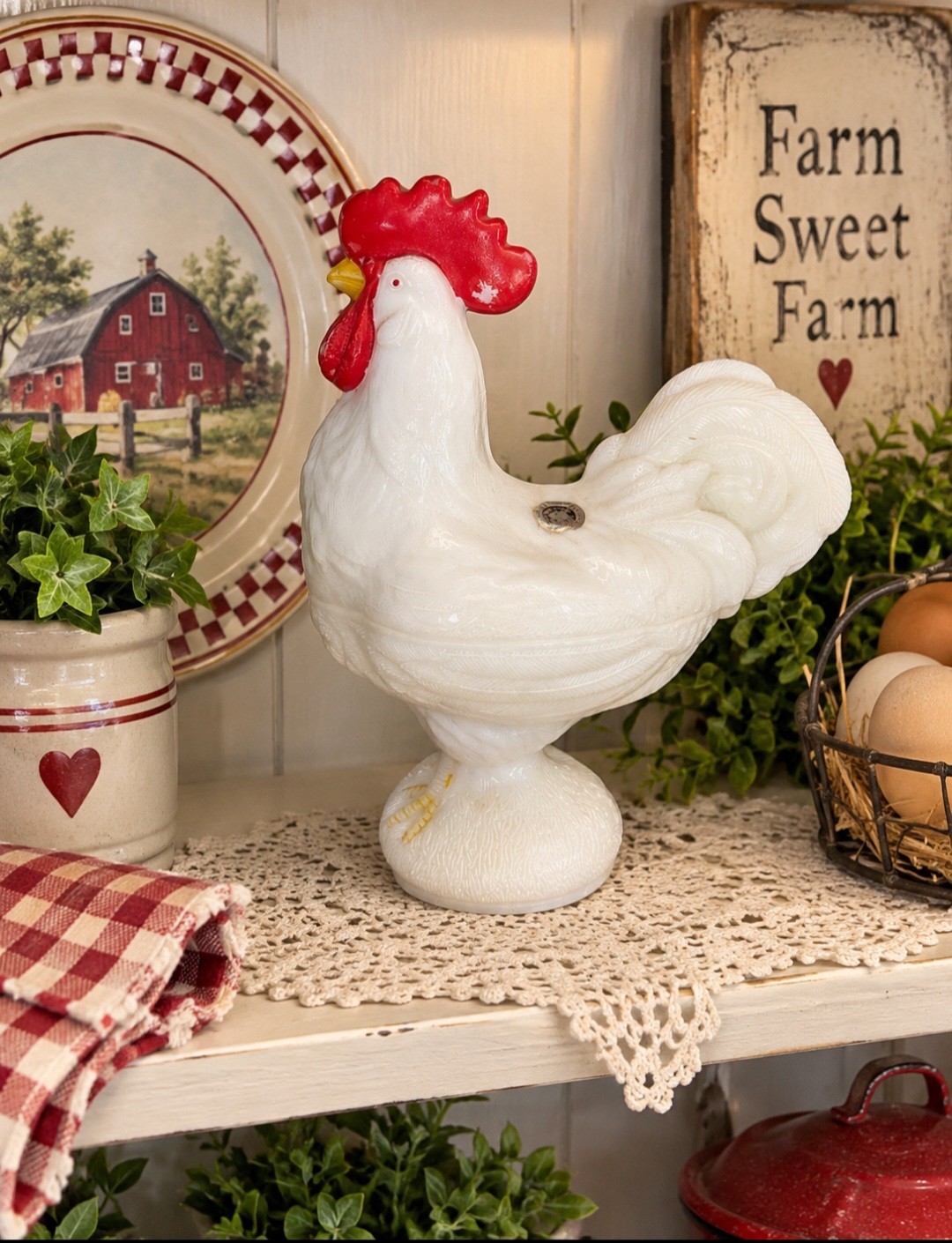 Vintage Westmoreland Milk Glass Rooster Candy Dish w/Sticker