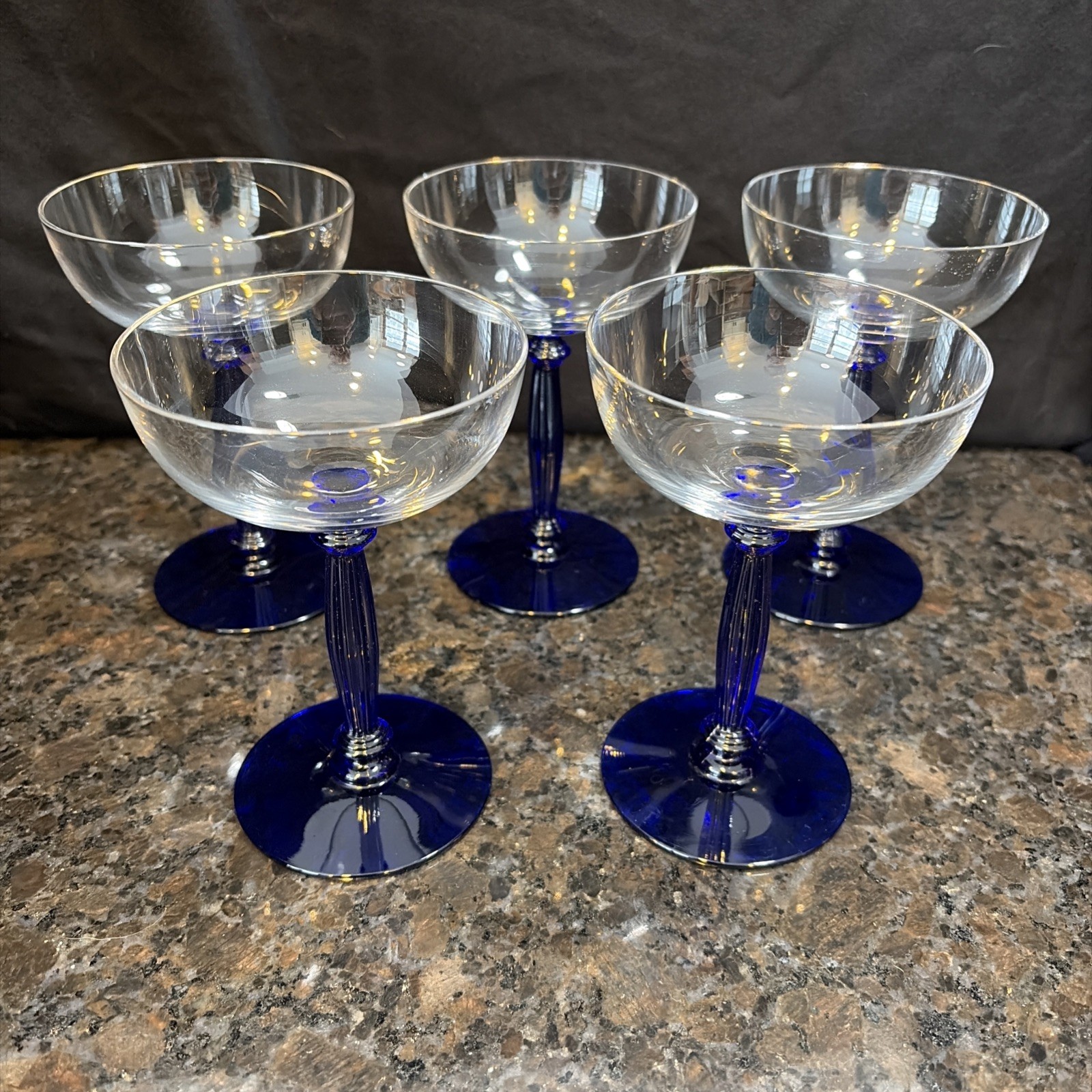 1934 Tiffin Champagne Glass Royal Cobalt Blue Stem 15079  Set of 4 Beautiful