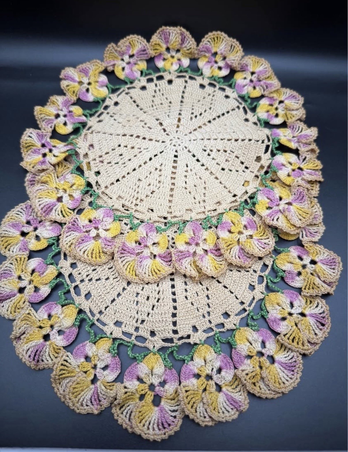 1940s-1950s Vintage Yellow, Pink, Green Floral Motif Dollies- Set Of 2