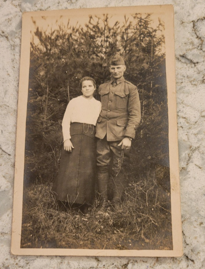 WW1 Real Photo Postcard Portrait Soldier in Uniform Boots Wife Unused 3.5 x 5.5