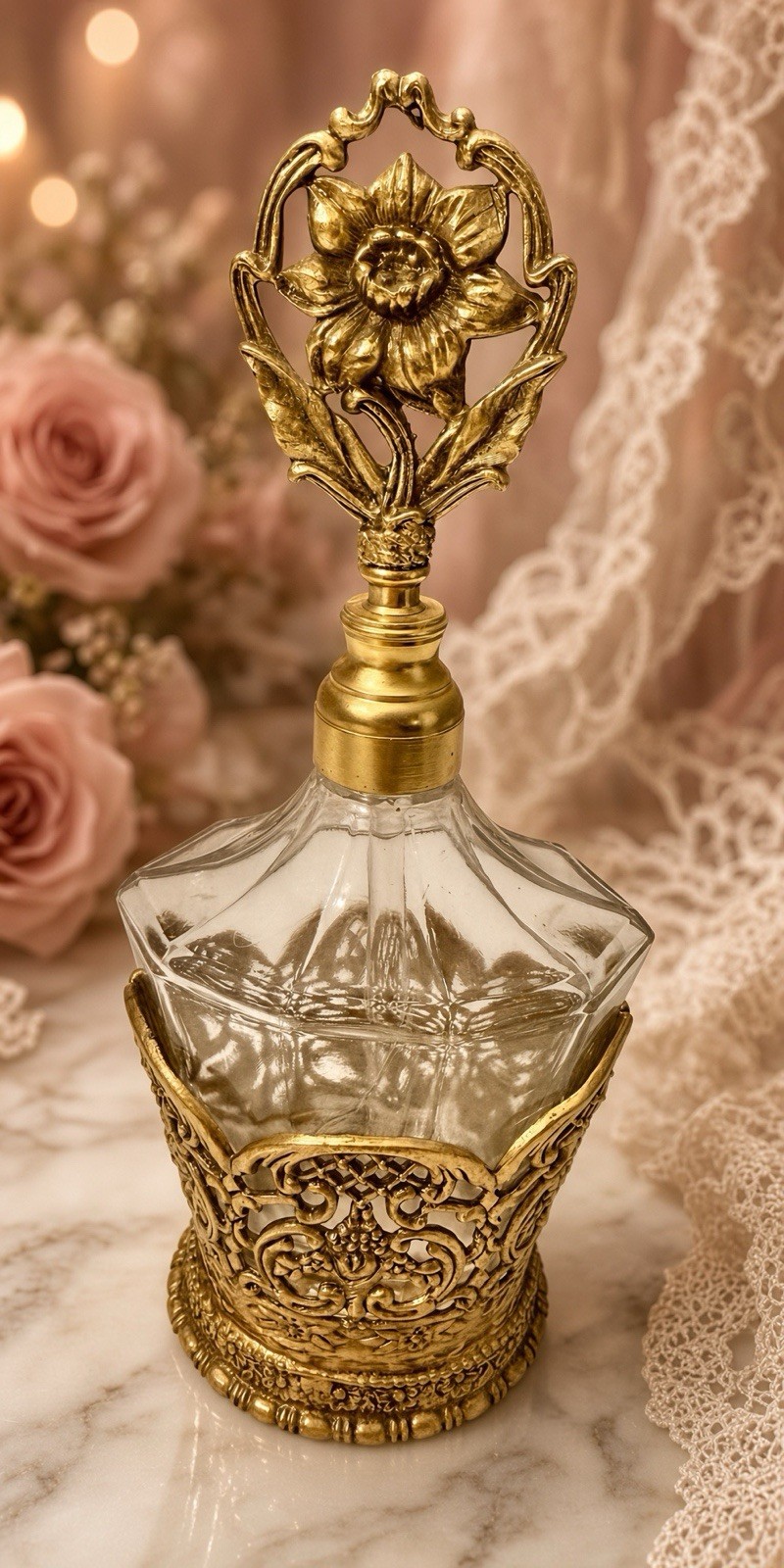 Vintage Ornate Gold Ormolu Footed Brass Encased Glass Perfume Bottle