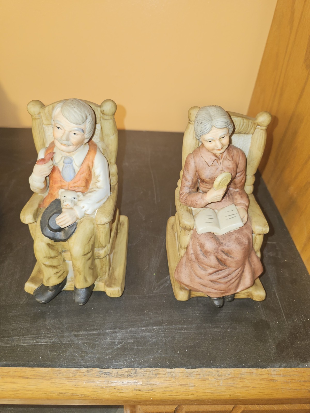 Porcelain Old Man & Lady Couple Sitting in Rocking Chairs Figurines