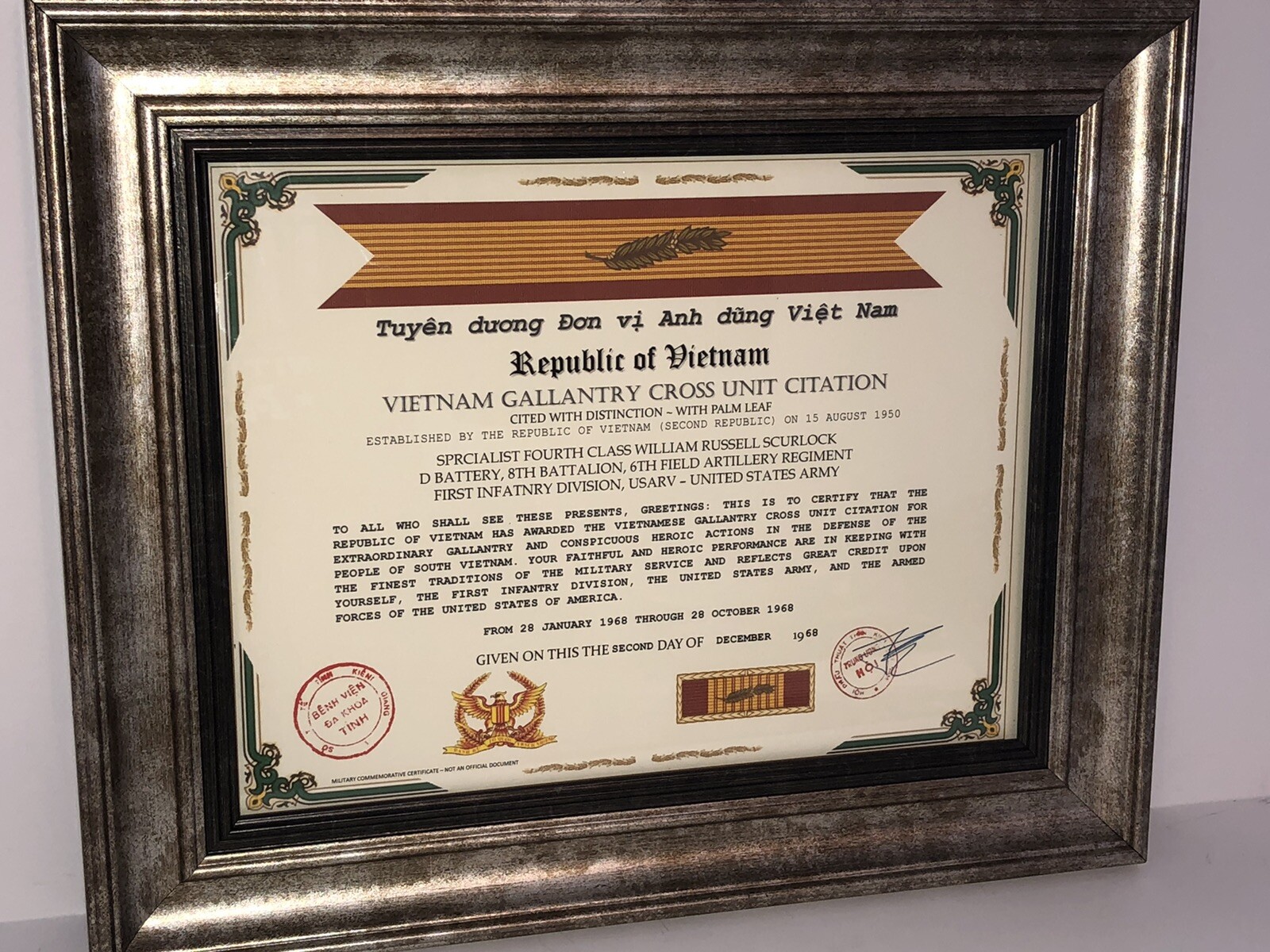 VIETNAM GALLANTRY CROSS UNIT CITATION COMMEMORATIVE CERTIFICATE w/Free Printing