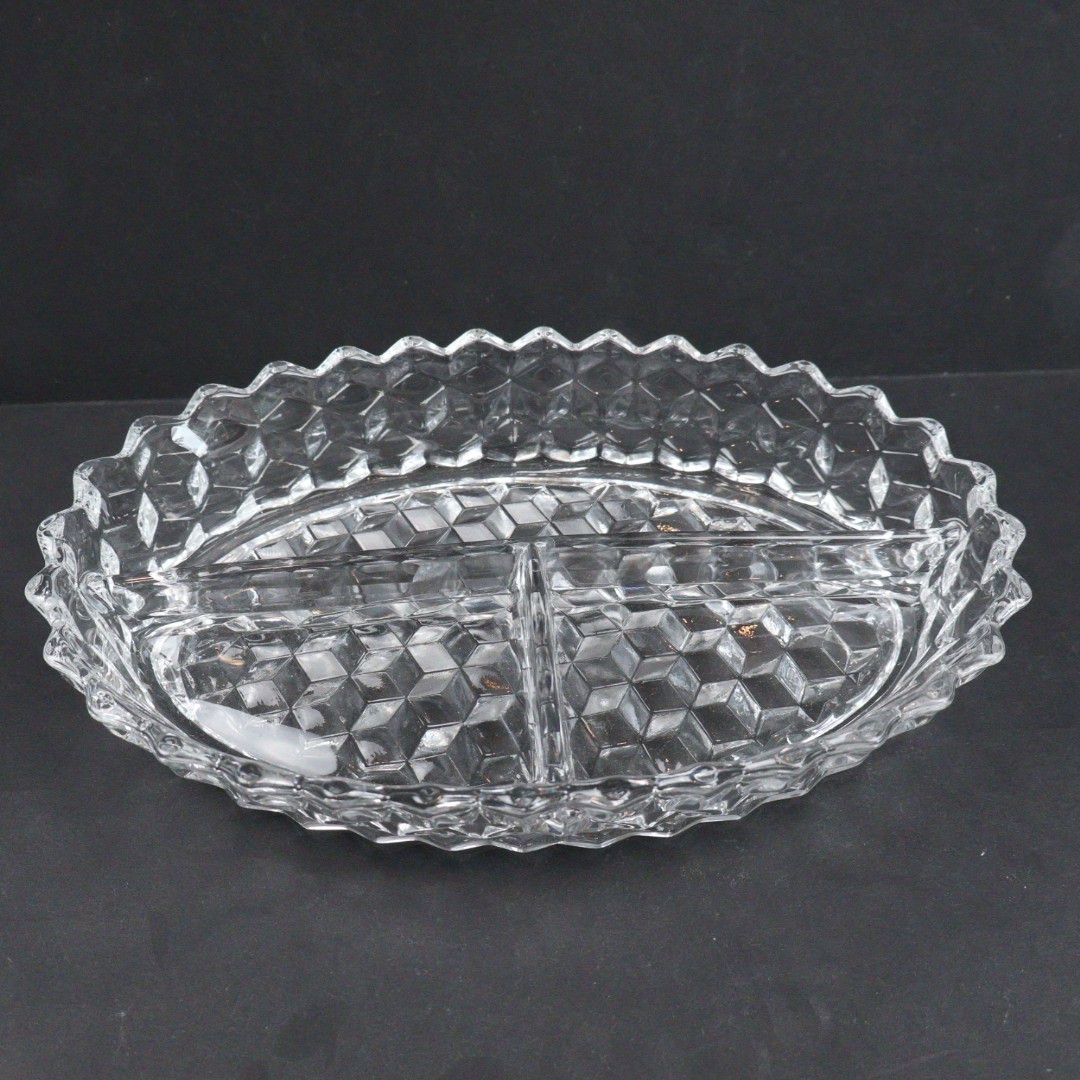 VTG Fostoria American Clear Glass Divided 3 Part Relish Dish Tray Cubism