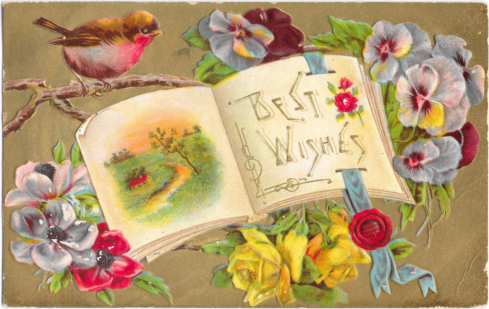 Best Wishes Embossed Postcard Bird Book Roses Gilt c1910 Divided Back