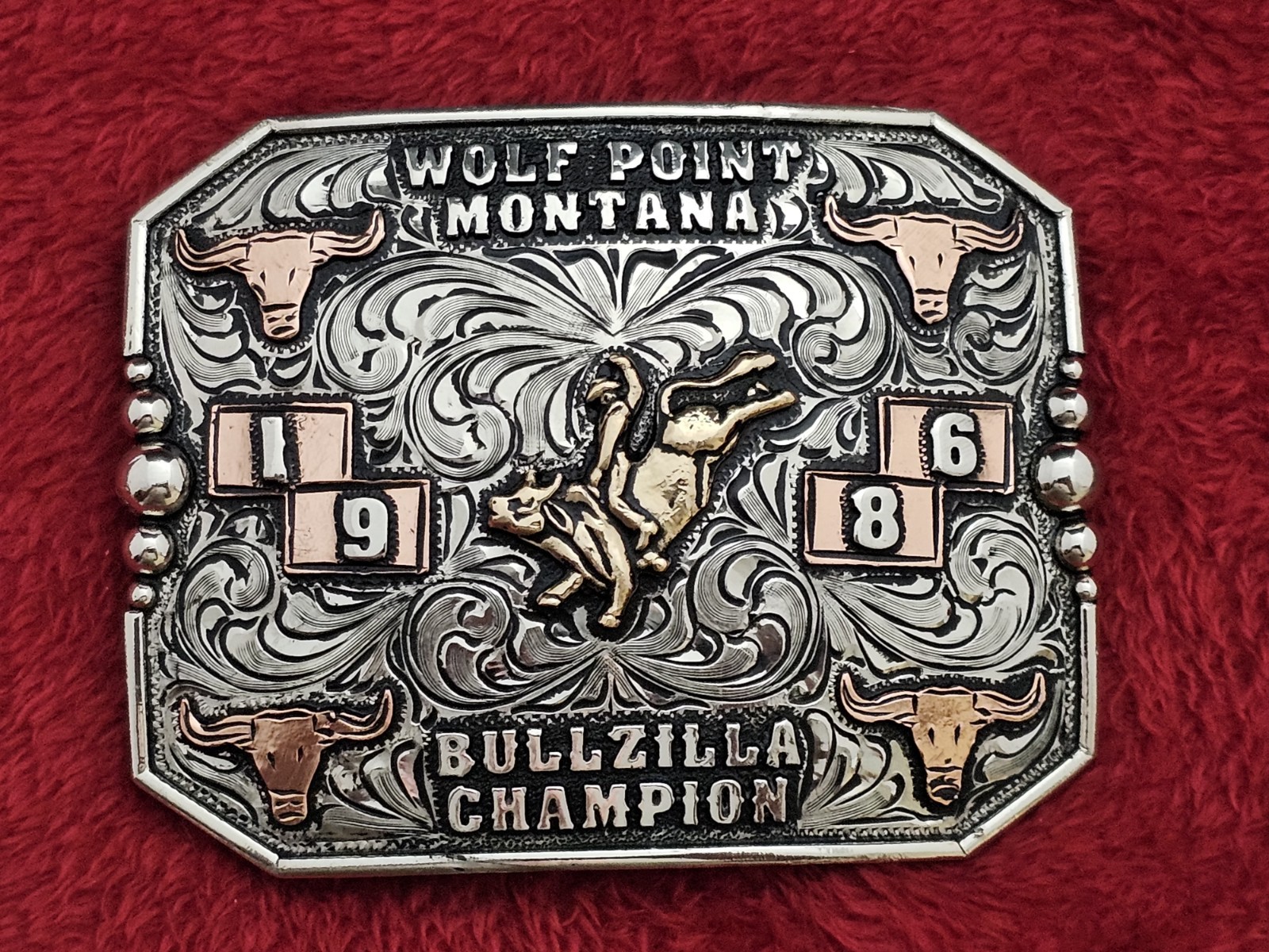 Bull Riding BULLZILLA Champion☆Rodeo Trophy Buckle☆Wolf Point MT☆1986☆Rare☆W86