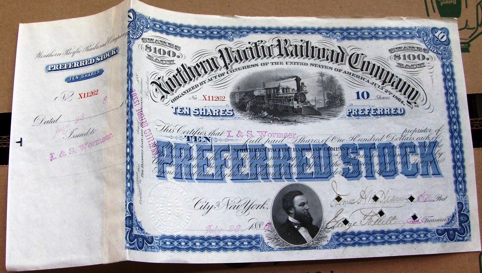 Northern Pacific Railroad Company dated 1884 stock certificate blue