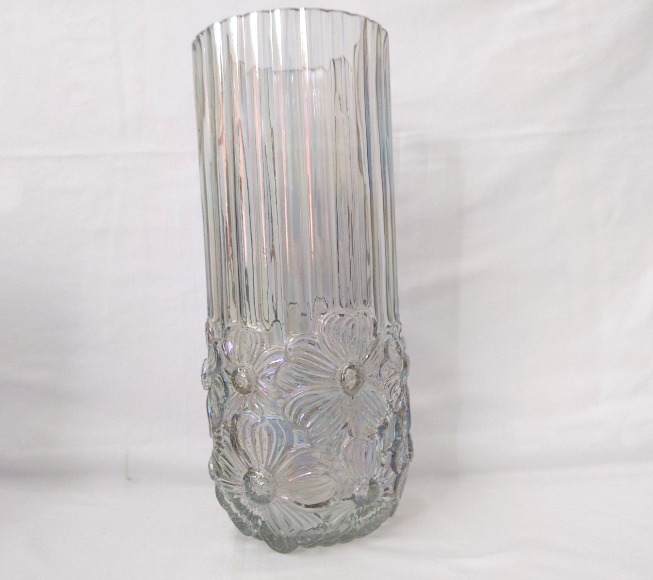 Vintage Crystal Iridescent Vase Floral Bottom Chromatic Fluted Upper Tall Clear