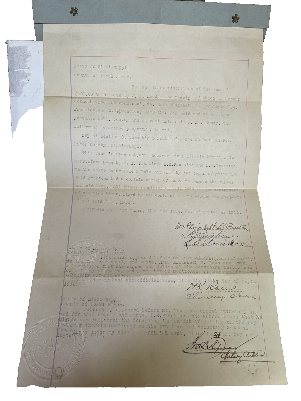 1916 Mississippi Deed Pearl River Co Prentice to Moody Timber Ledger ATQ