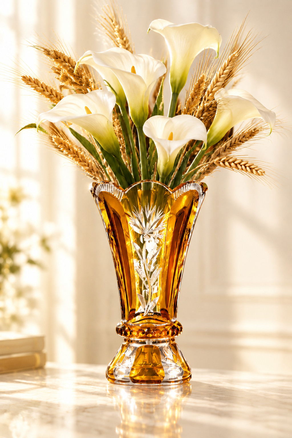 Vintage Bohemian Amber Crystal Vase-Cut to Clear Floral Glass Vase-Scalloped 6 