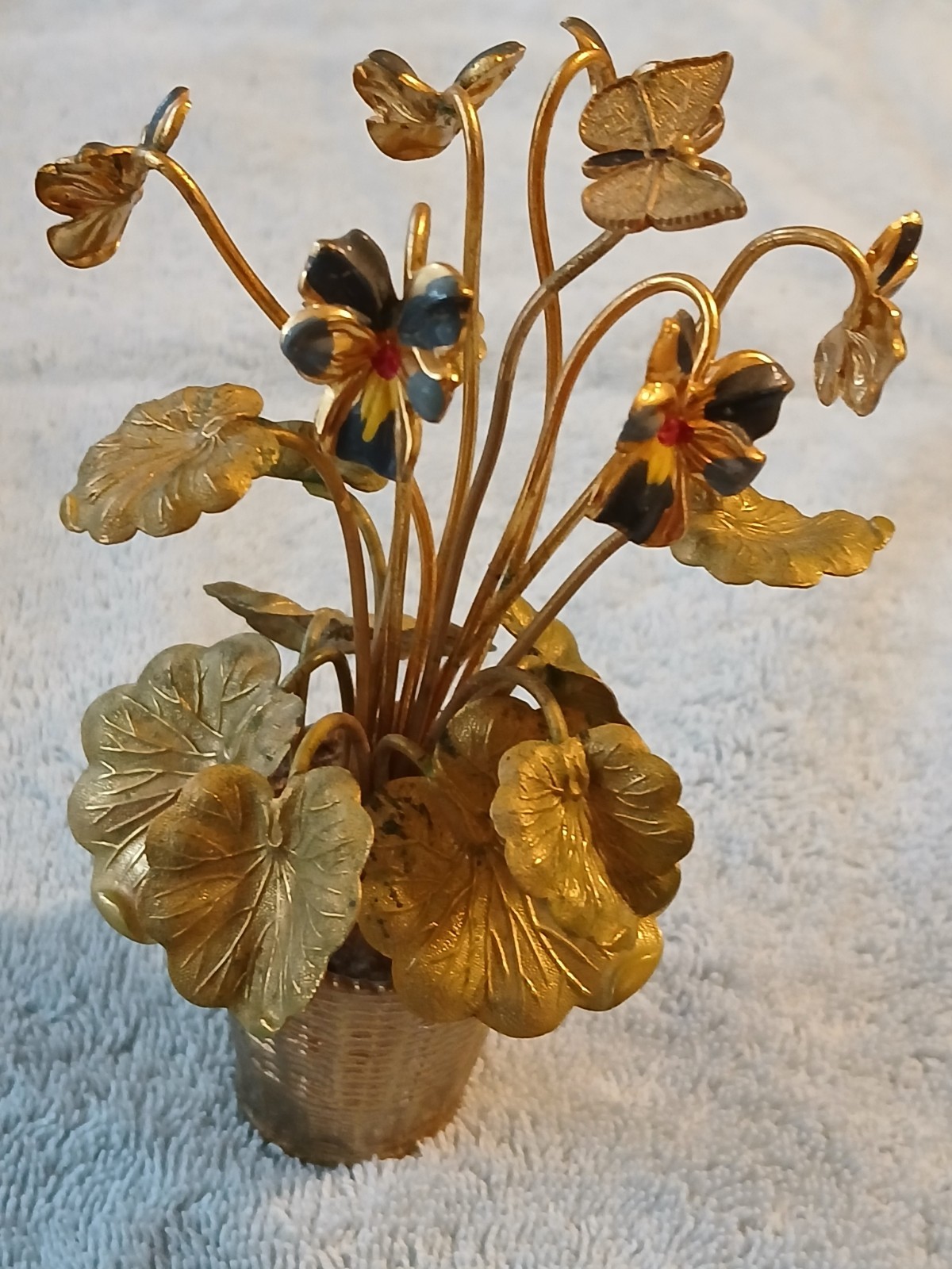 Vintage Petites Choses Enameled Metal Flower Basket Violets Pansies Butterfly