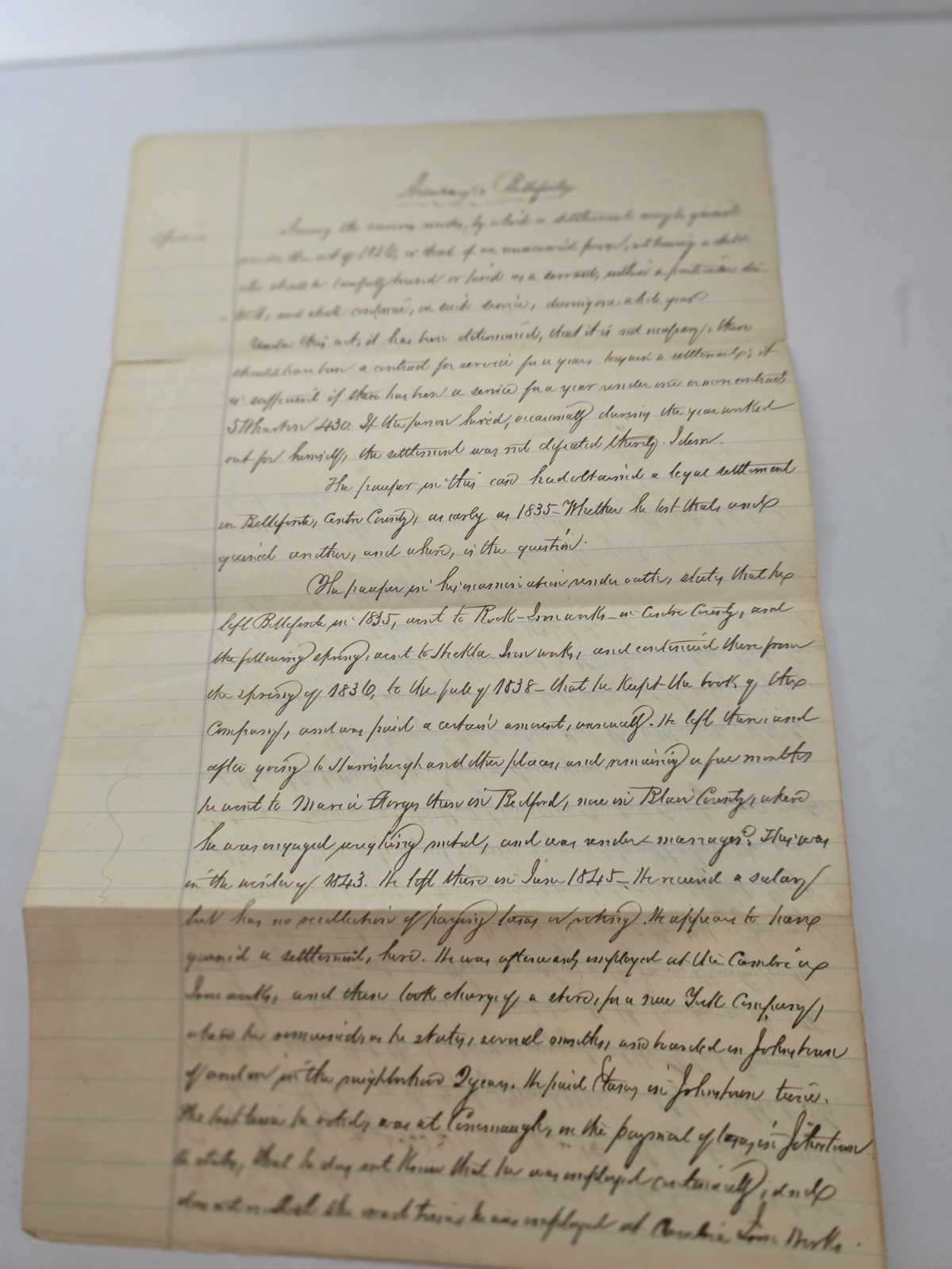 1865 Handwritten Pennsylvania Legal Opinion Armstrong vs. Bellefonte
