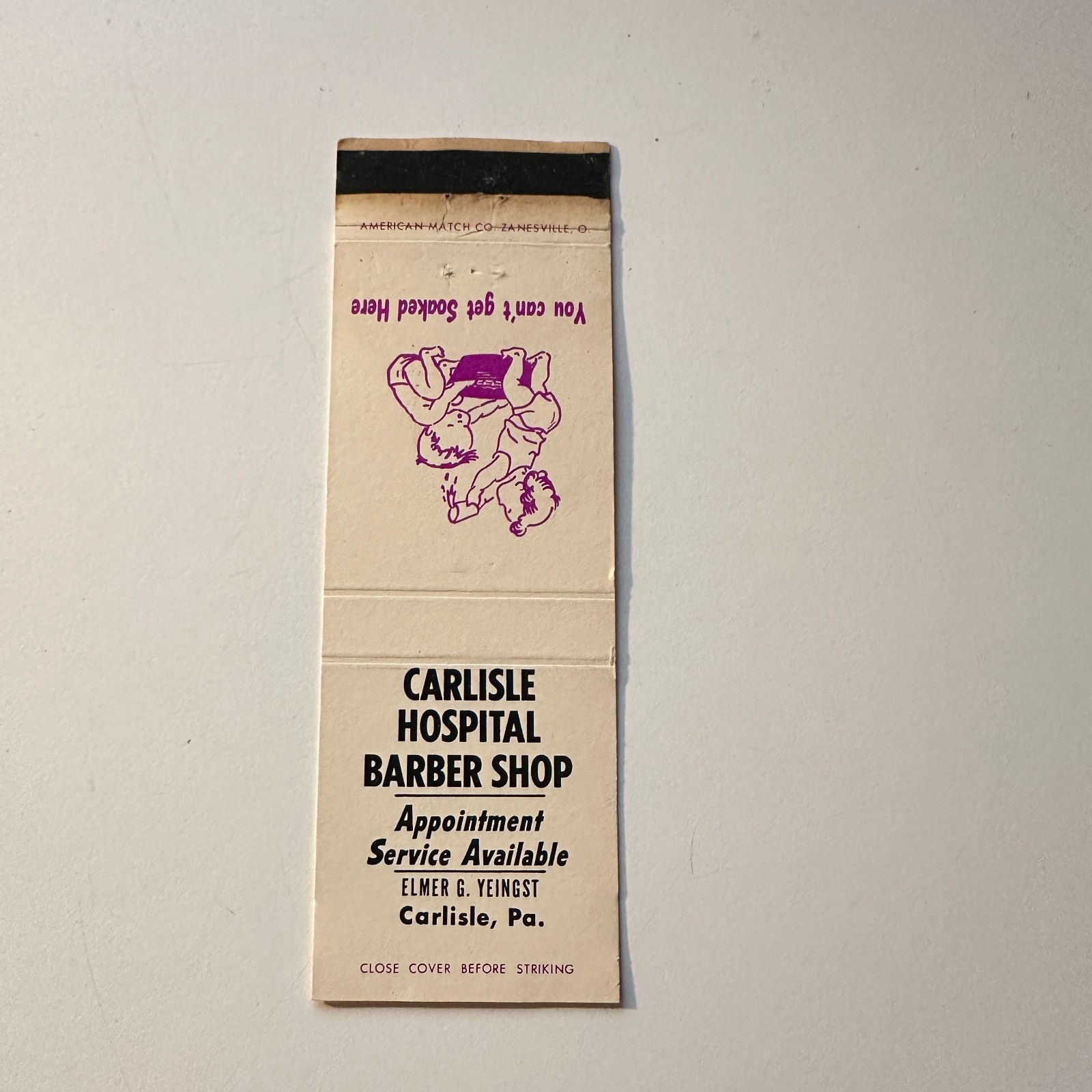 Carlisle Hospital Barber Shop EG Yeingst PA Vintage Matchbook Cover 5MB126-3-3-5