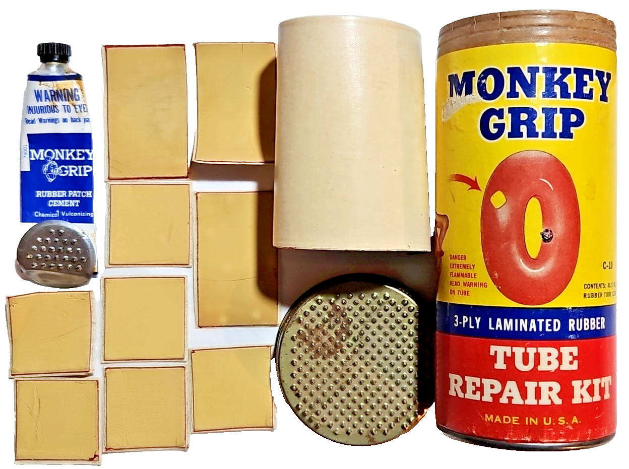 Monkey Grip, Dallas, TX. 3-ply Laminated Rubber Tube C-10 Repair Kit Tin U.S.A.