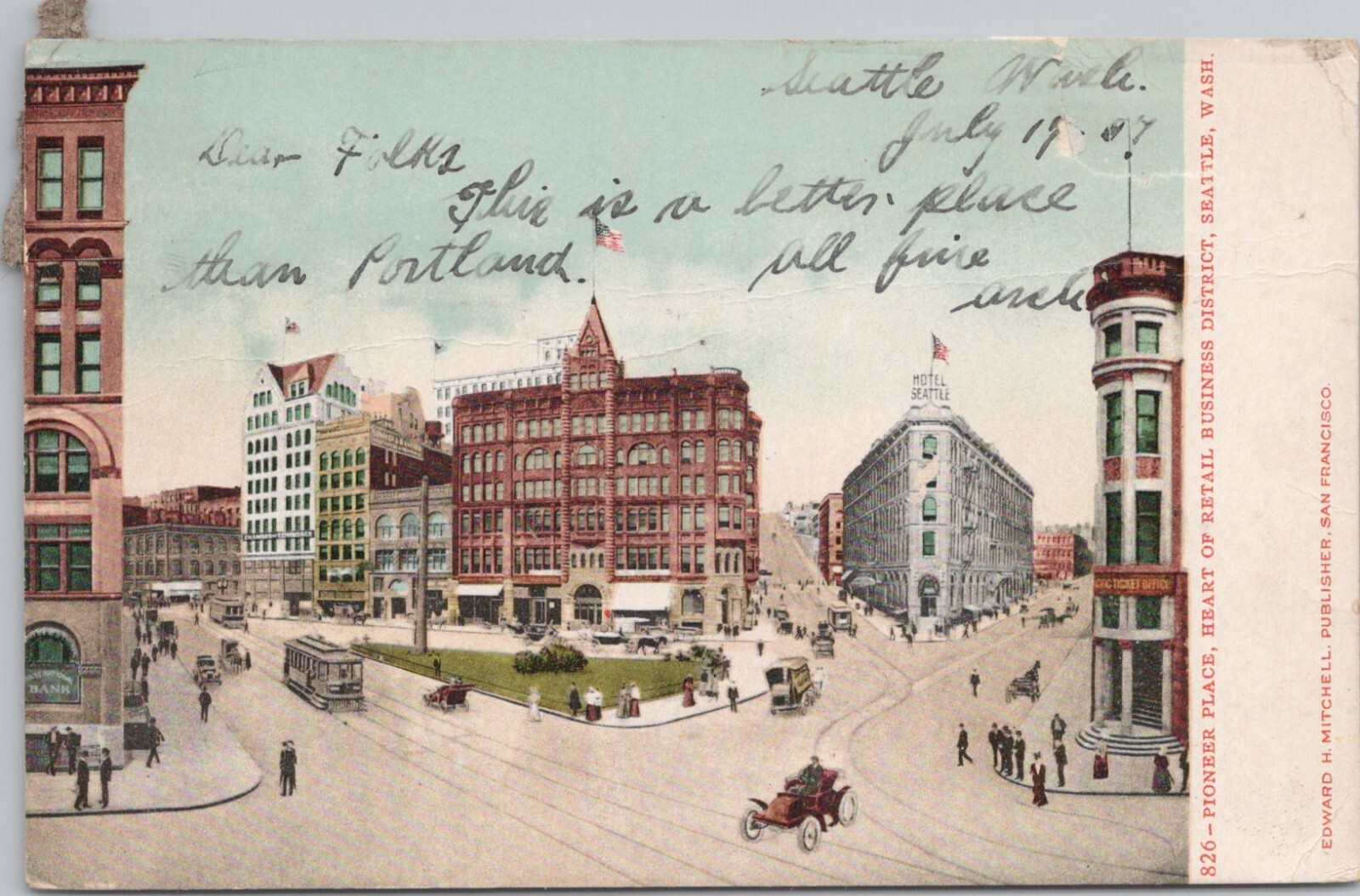 Lithograph Seattle Washington Pioneer Place Street Scene Business District 1907