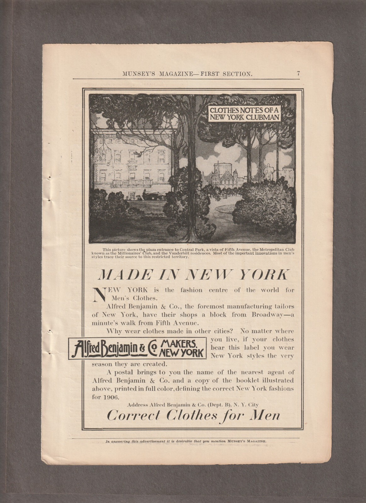 1906 ALFRED BENJAMIN Magazine AD~CENTRAL PARK PLAZA Entrance/NYC~TACONIC School