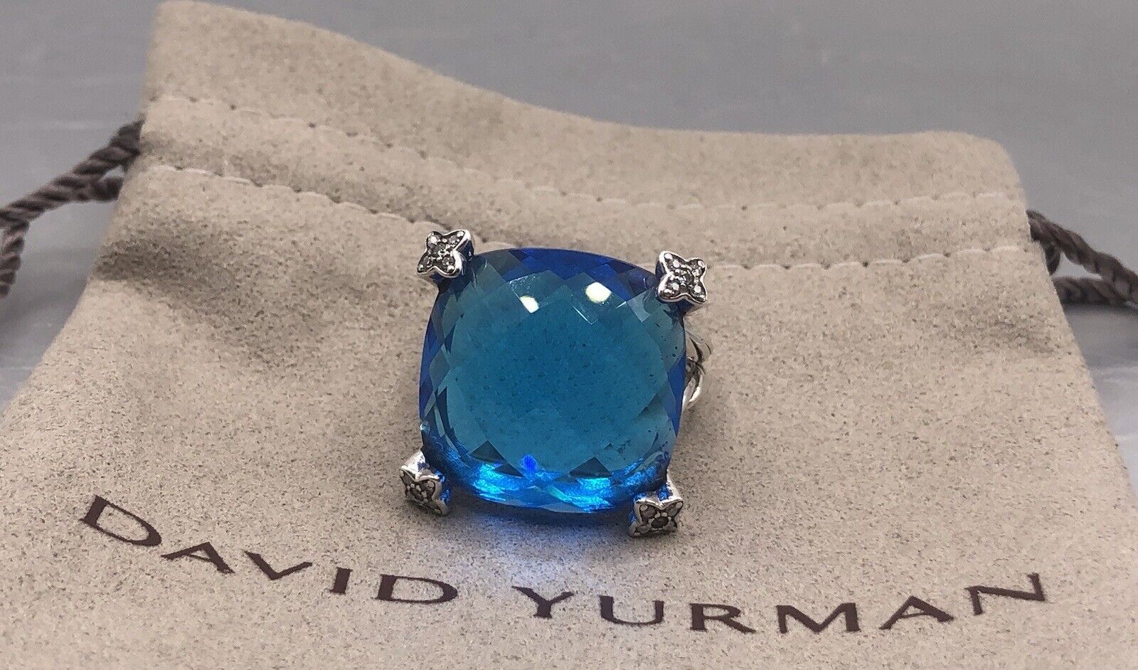 David Yurman Silver Cushion On Point 20mm Blue Topaz & Diamond Ring Size 8.5