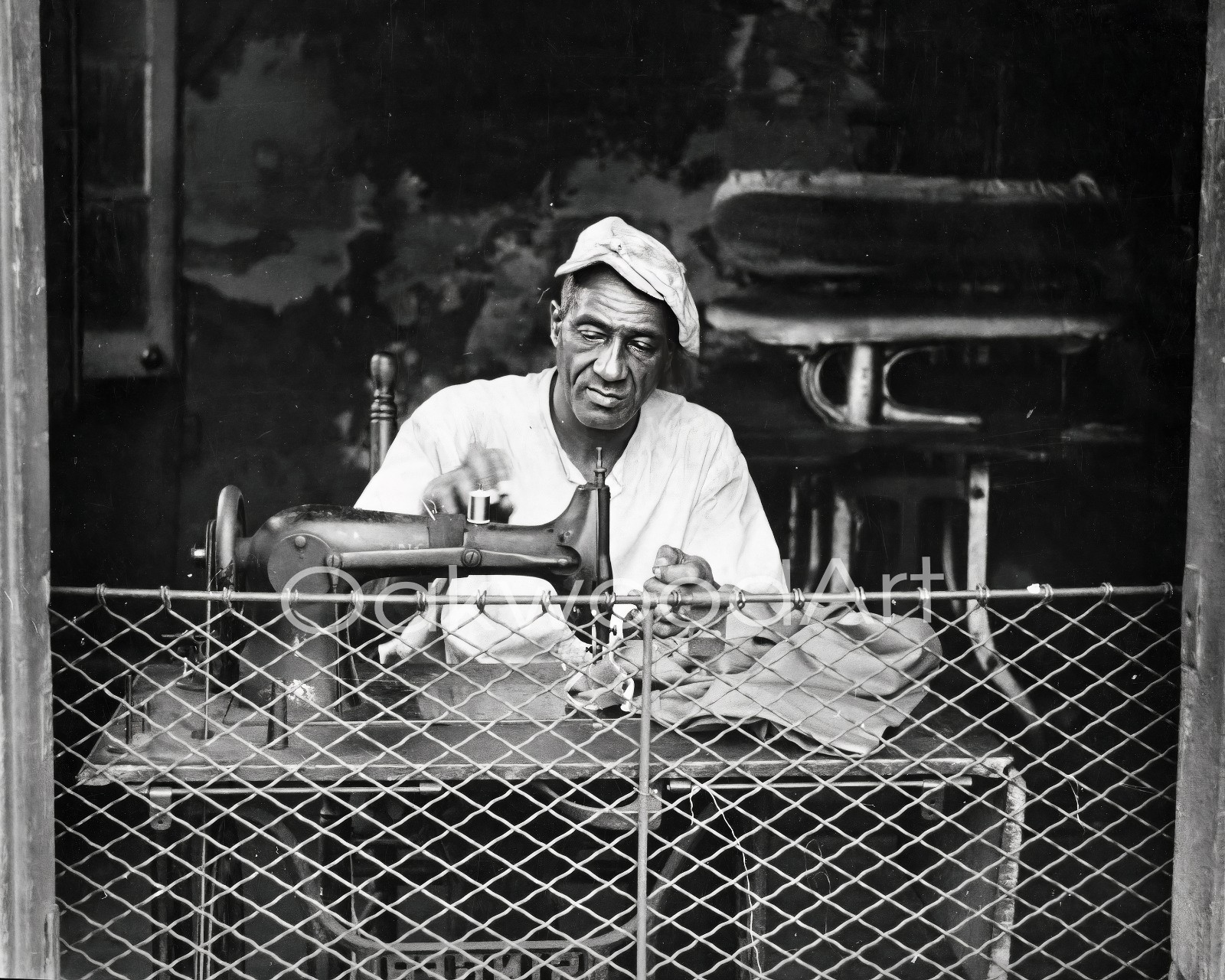 1935 NEW ORLEANS Black Street Tailor at Sewing Machine,  Vintage Photo Reprint