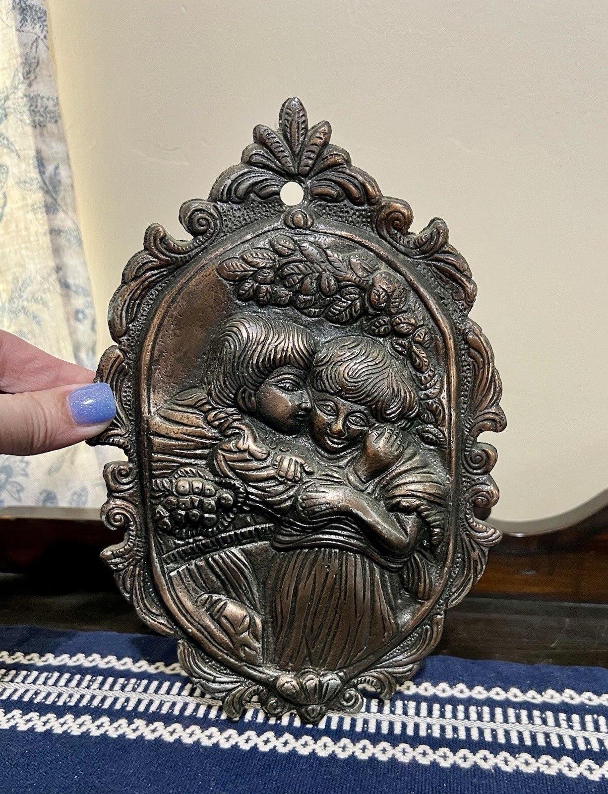 Vintage Bronze High Relief Plaque Child Embracing Child Some Patina Beautiful