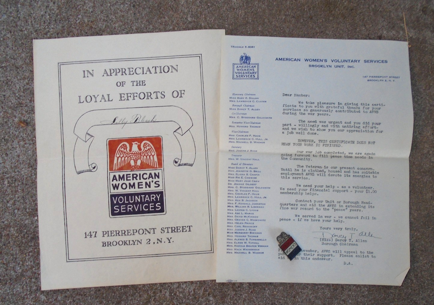 American Women\'s Voluntary Services, certificate, letter & pin