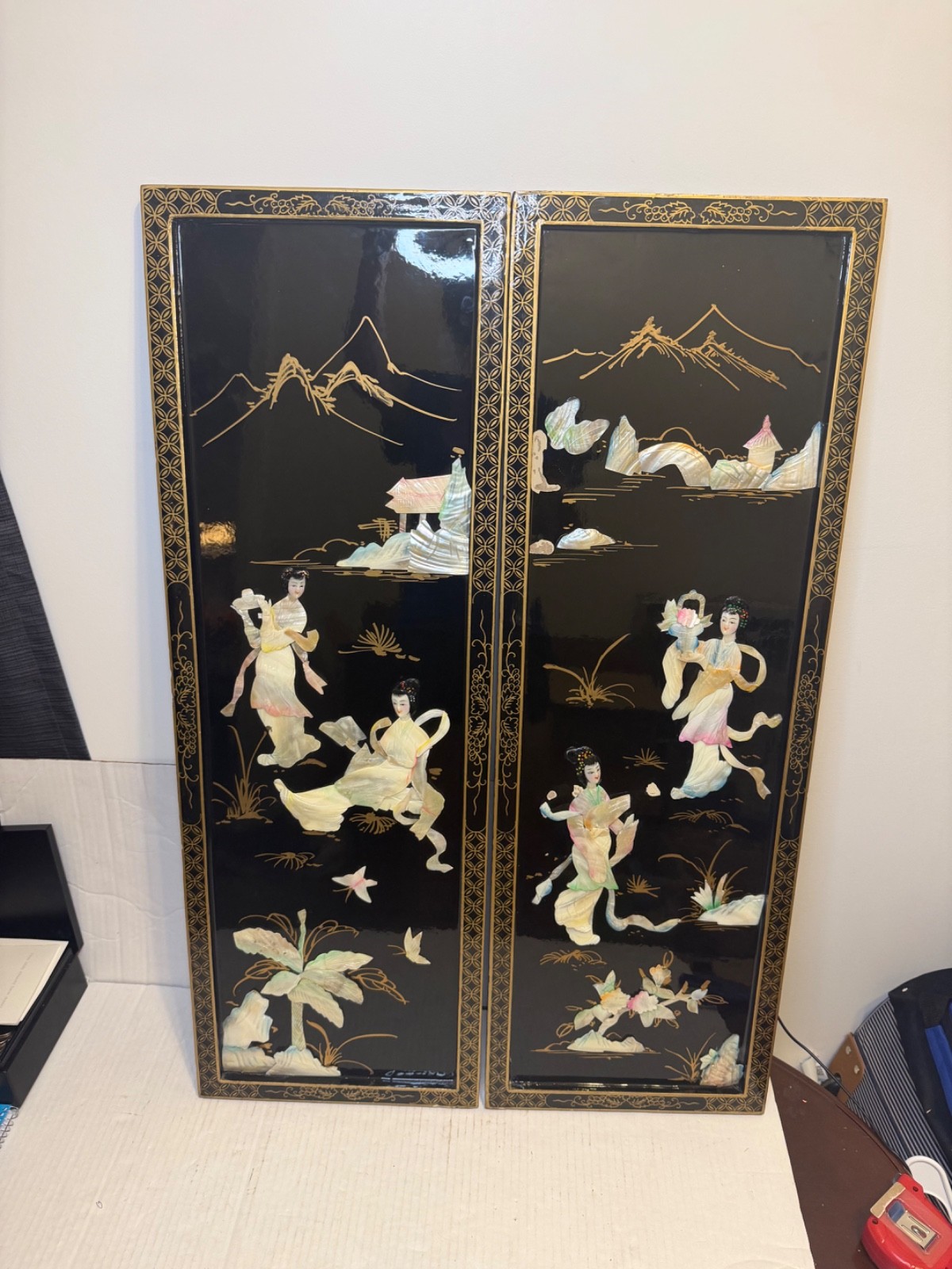 Vintage Chinese Black Lacquer Mother of Pearl Court Lady Wall Panels Pair 36” Vintage Chinese Black Lacquer Mother of Pearl Court Lady Wall Panels Pair 36”