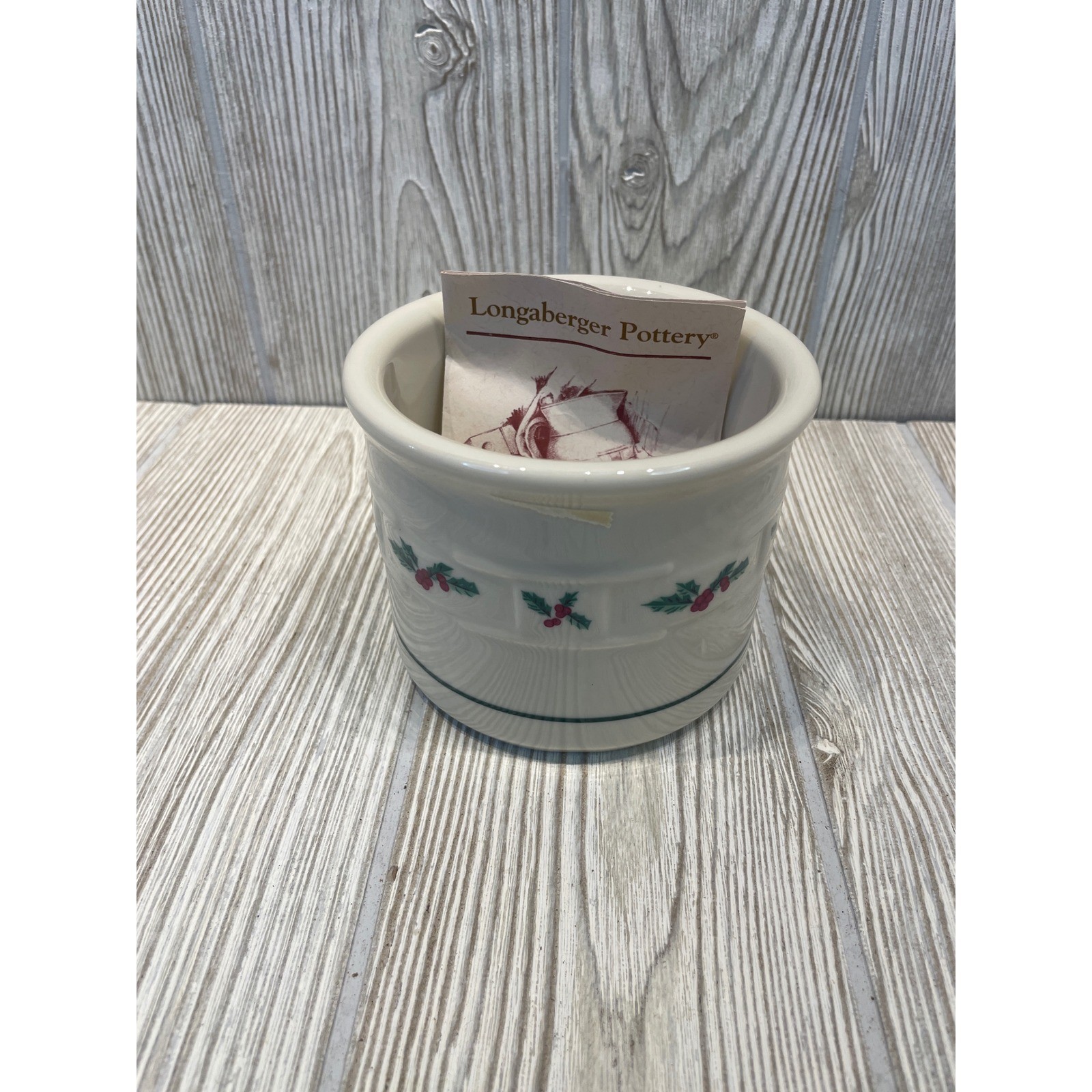 Longaberger Pottery Christmas Holly Berry Crock Ivory Woven Texture Vtg Ceramic