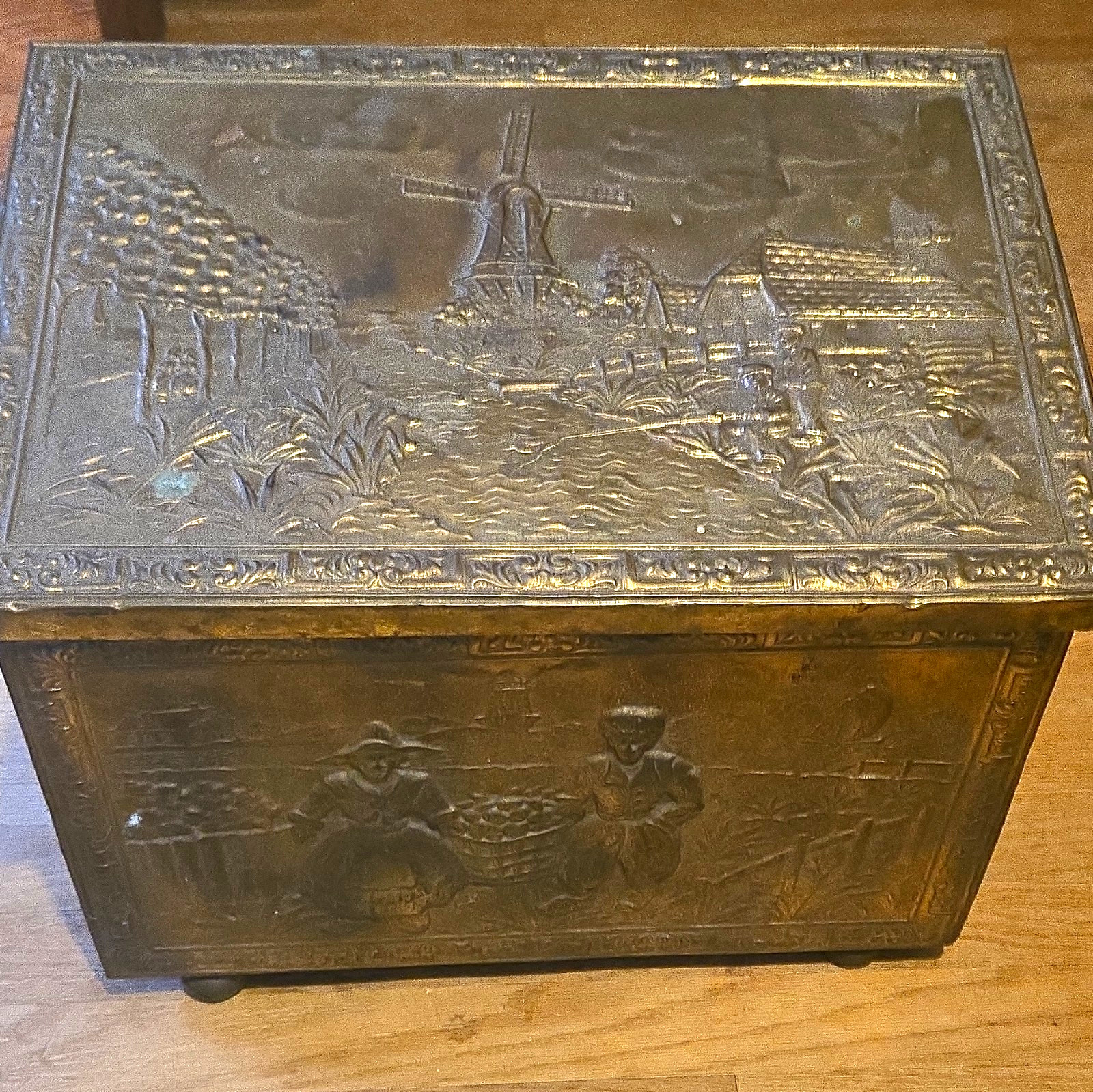 Vintage Embossed Coal Metal Lidded Rectangle Storage Box Windmill Landscape
