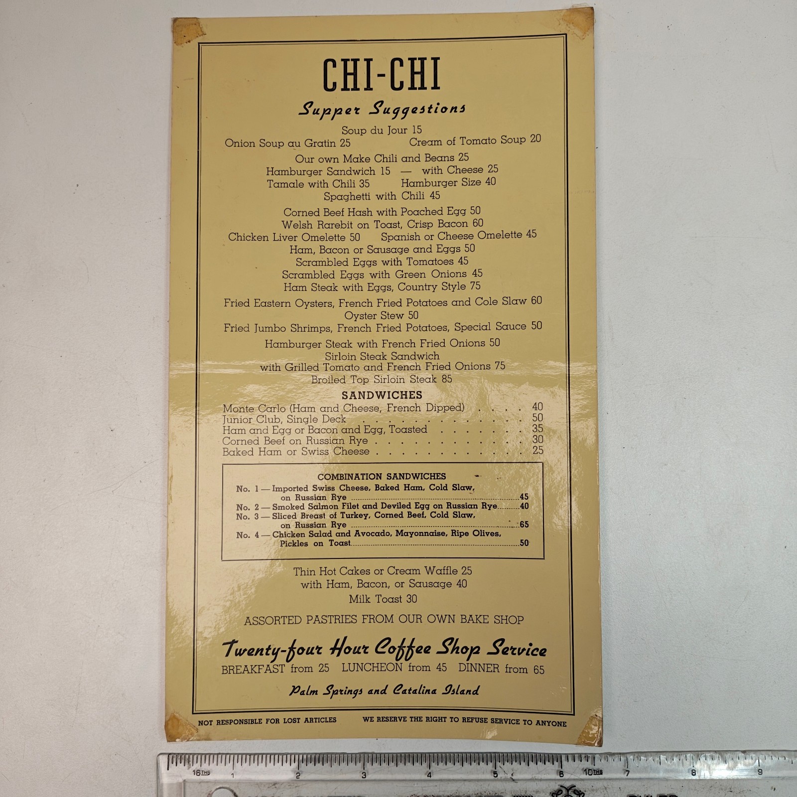 Vintage Chi-Chi Restaurant Menu Palm Springs Catalina Island CA 1940s Supper