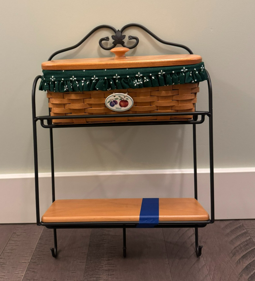 Longaberger Wrought Iron 2 Tier Envelope Wall Rack 3 Hooks, Shelf, and Basket