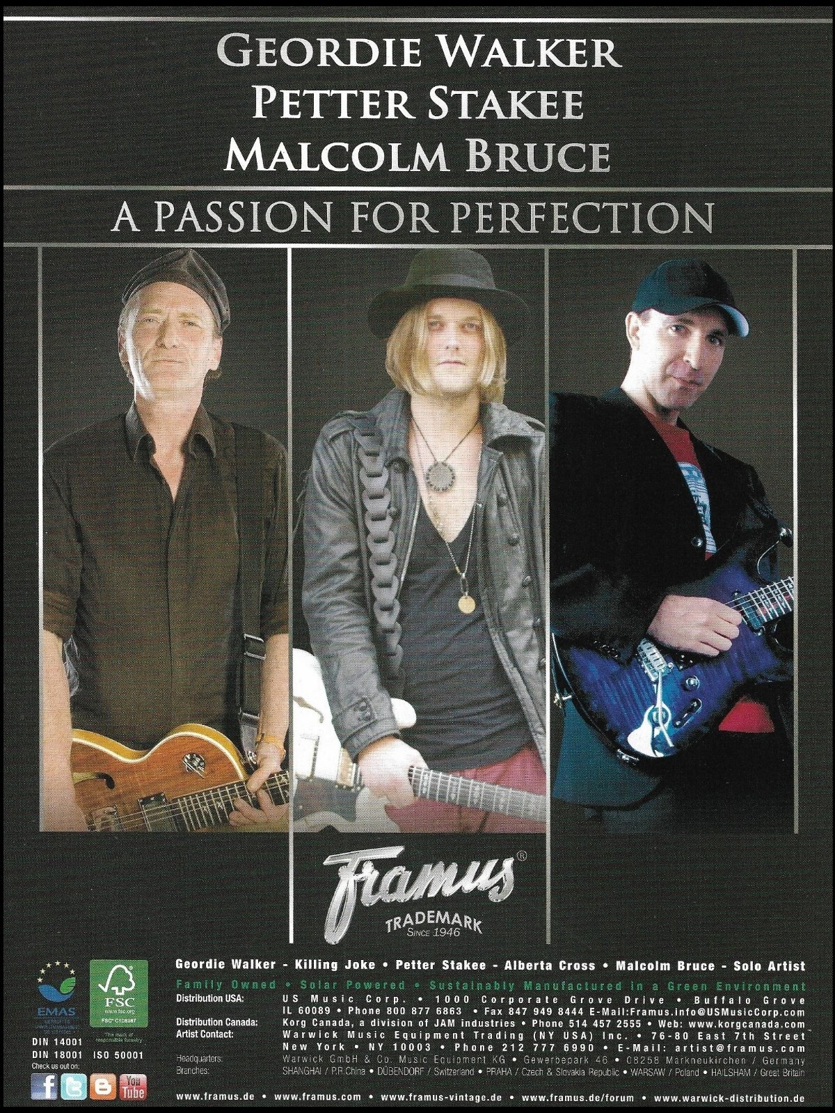 Killing Joke Geordie Walker Petter Stakee Malcolm Bruce 2012 Framus guitar ad