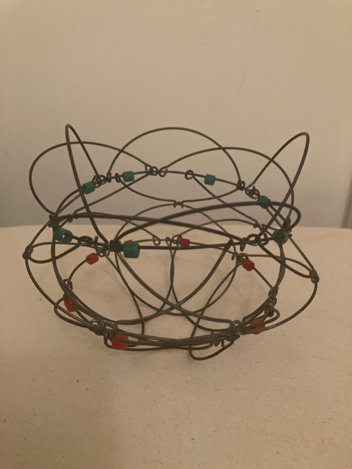 Antique basket collapsible wire red/green beads 3.6x 5” 19c 
