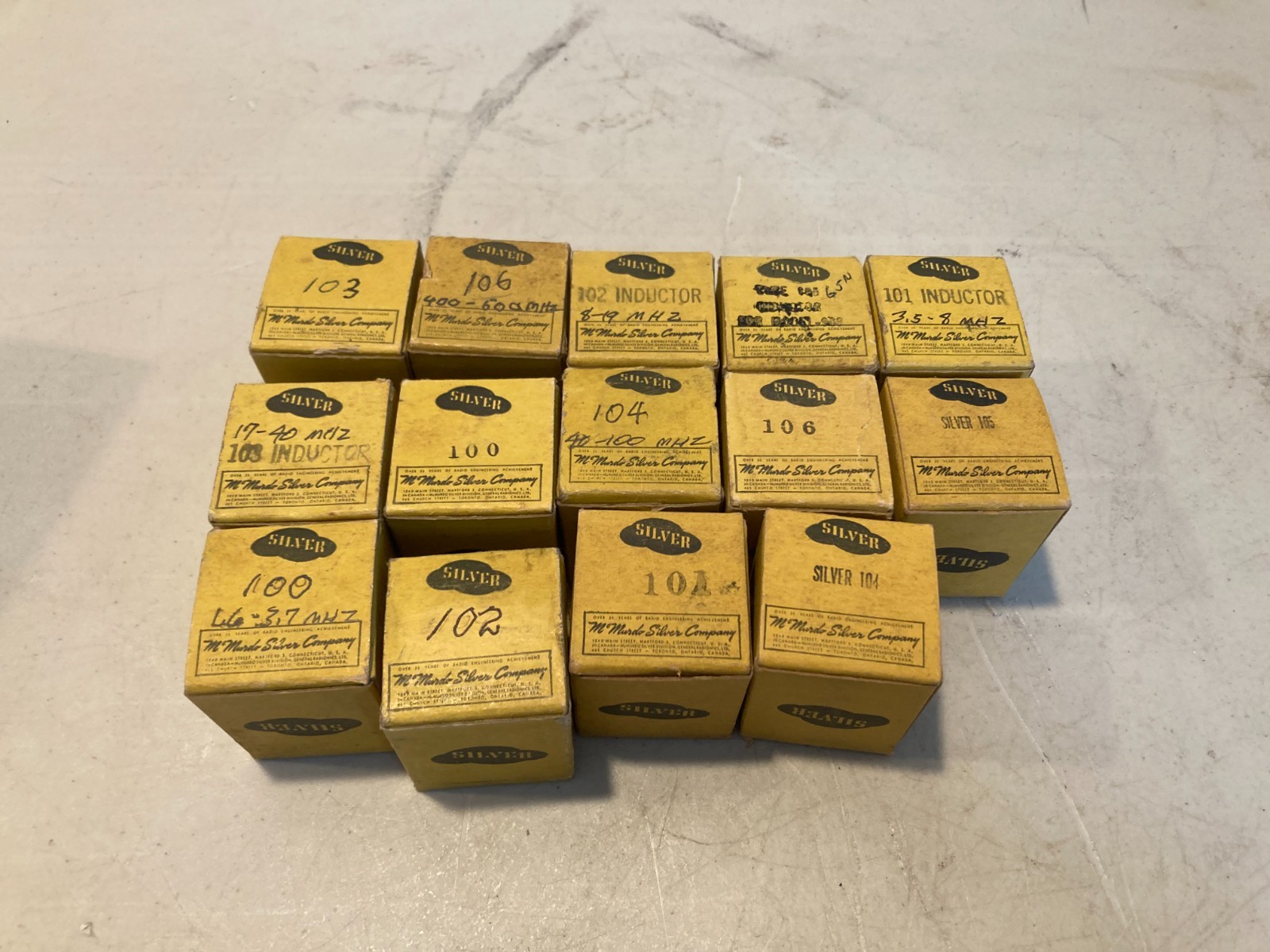 Lot 14 Vintage McMurdo Silver Plug-In RF Inductor Coils 100-106 Original Boxes Lot 14 Vintage McMurdo Silver Plug-In RF Inductor Coils 100-106 Original Boxes