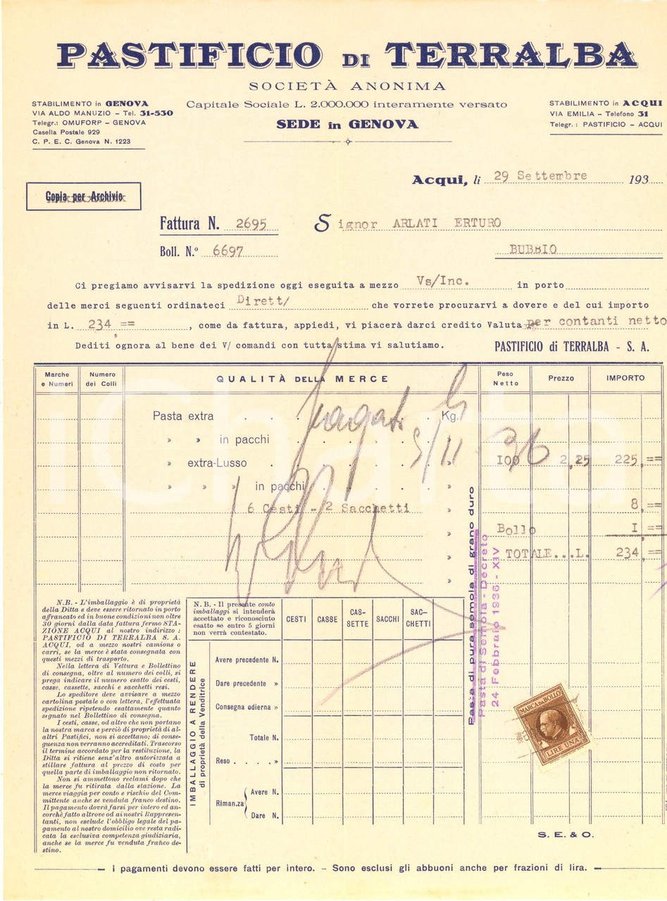 1936 ACQUI TERME Pastificio di TERRALBA - Invoice headed 1936 ACQUI TERME Pastificio di TERRALBA - Invoice headed