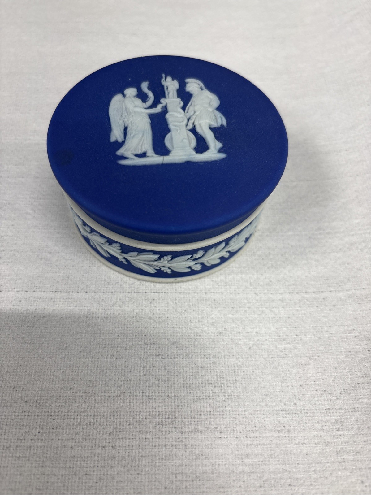 Antique Wedgwood Cobalt Blue Jasperware Trinket Box Depicting War & Victory 