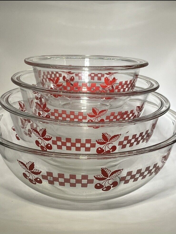 Pyrex Red Cherries Cherry Gingham Checkered  Glass Mixing Bowls 322,323,325 ,326
