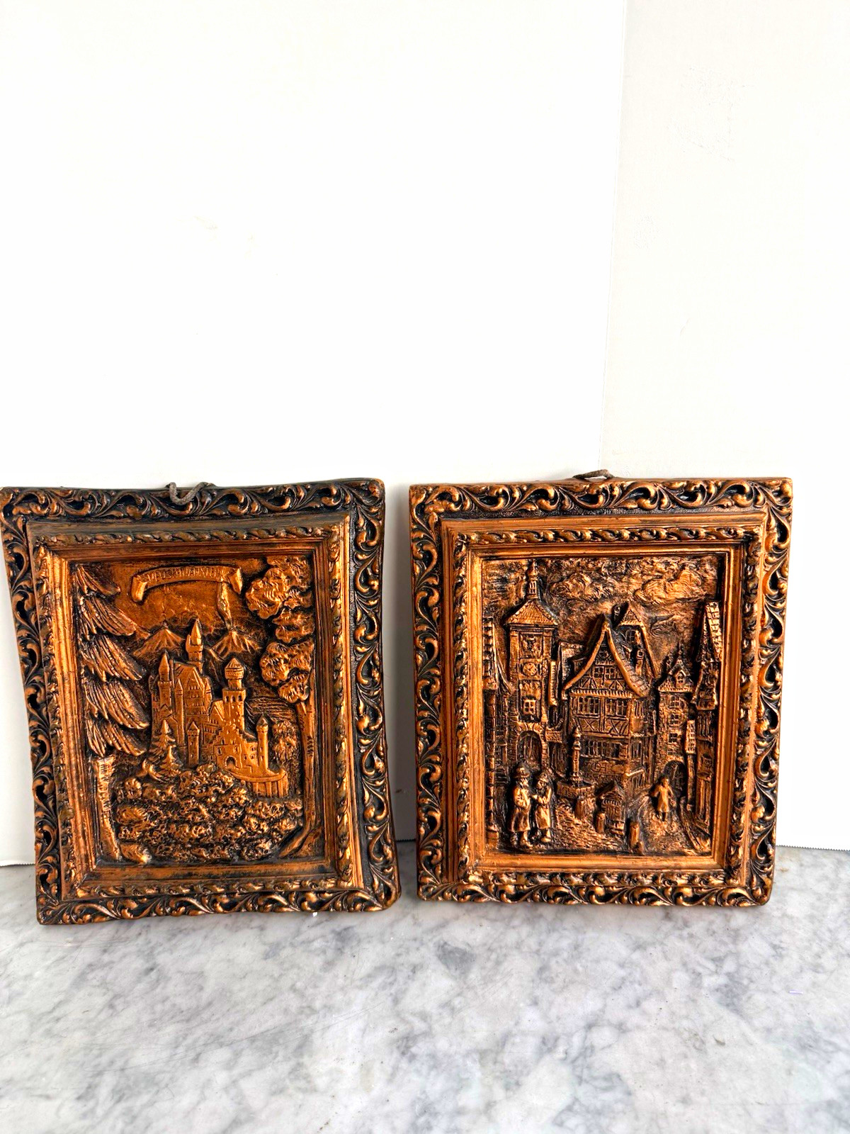 Vintage German Wax Relief Wall Plaques Pair Neuschwanstein Castle Wachskunst 3D Vintage German Wax Relief Wall Plaques Pair Neuschwanstein Castle Wachskunst 3D