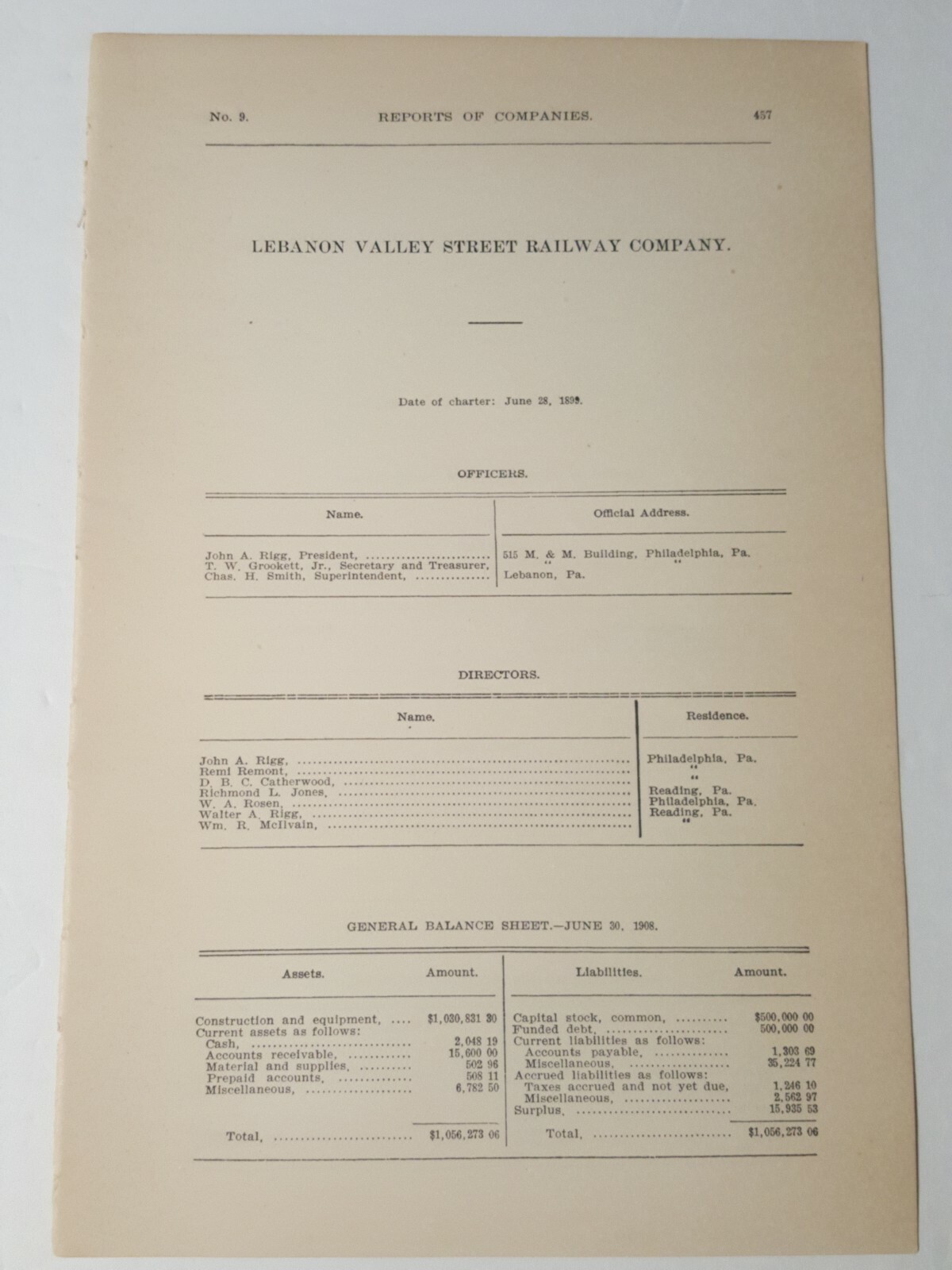 1909 RR document LEBANON VALLEY STREET RAILWAY trolley streetcar Lebanon PA 
