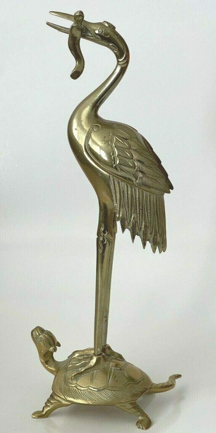 Brass Crane Bird Standing on Turtle Statue 10\