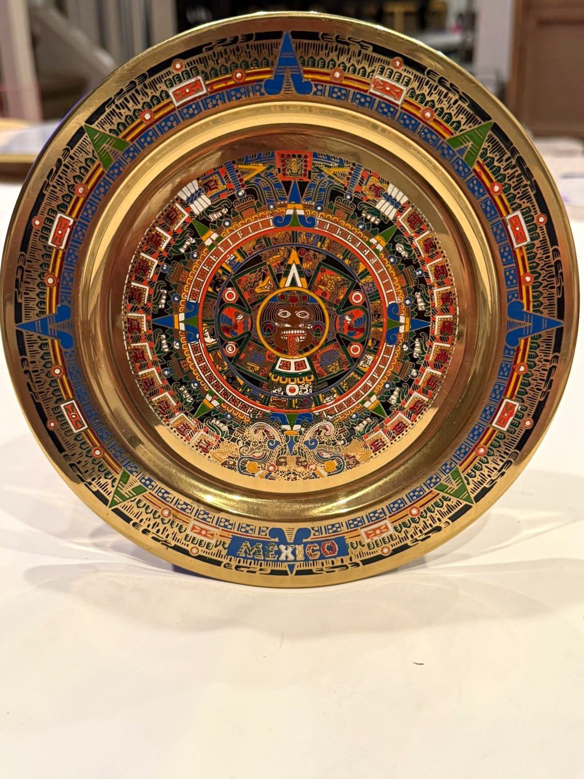 Vintage Mid Century Mexican Brass Aztec Calendar Plate 8” W/ Tonys Curios Paper
