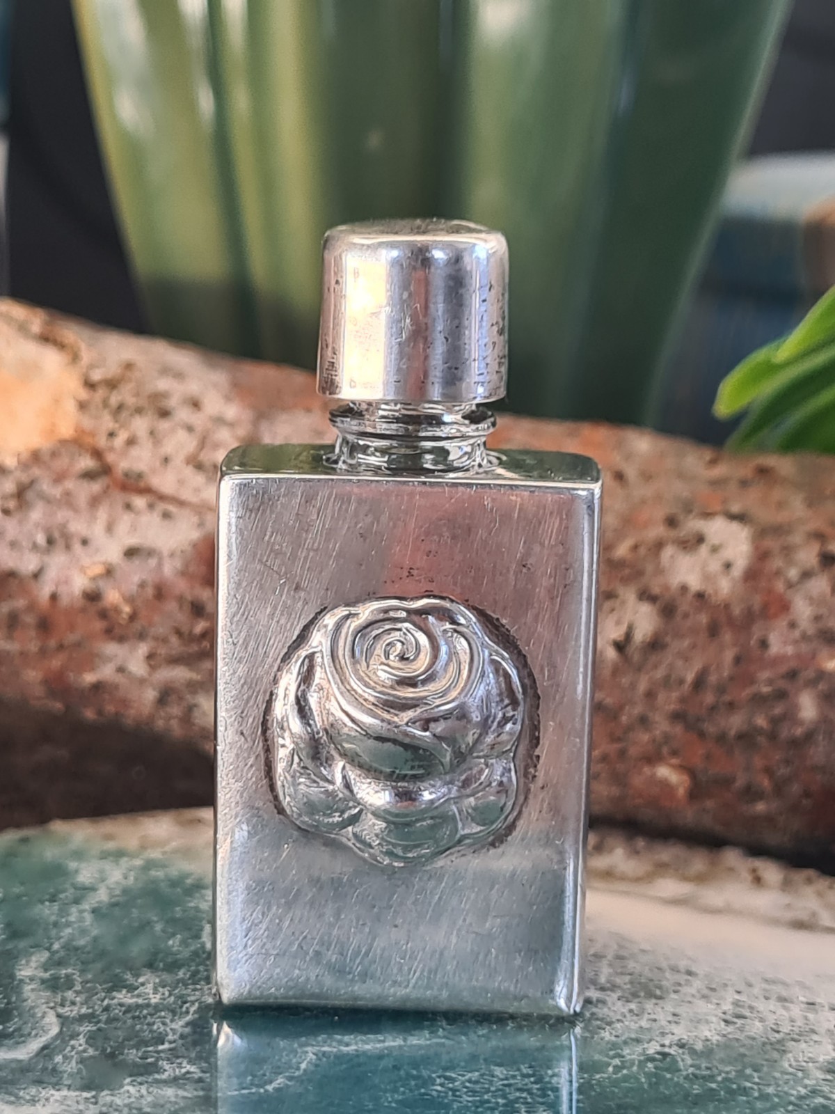 Vintage Sterling  & Glass Perfume Bottle with a rose - London hallmarks 1989